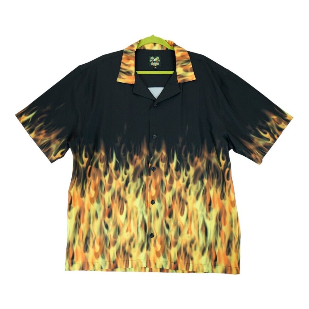 Benny’s‎ Black w/ Orange Flames Short Sleeve Bowling Shirt Size XL ~ Button Down